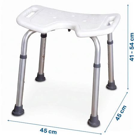 Dimensiones del taburete de ducha fabricado con aluminio para una estructura estable y segura dortomedical
