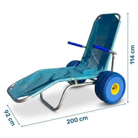 Dimensiones de la tumbona adaptada con estructura de aluminio con peso ligero para un fácil transporte dortomedical