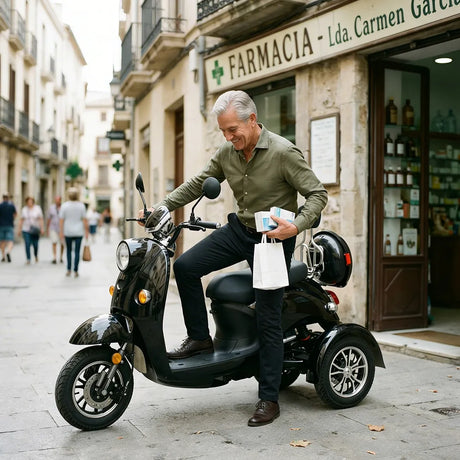 Hombre comprando en farmacia con scooter para adultos con movilidad reducida de fácil acceso dortomedical