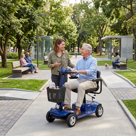 Un hombre mayor conduce un scooter de movilidad eléctrico de 4 ruedas para exteriores por un sendero pavimentado en un parque, mientras socializa con una mujer dortomedical
