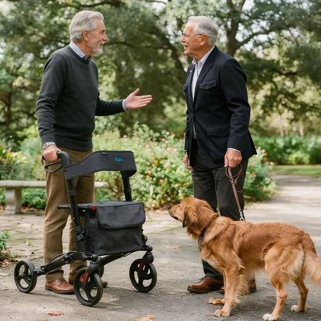 Hombre paseando con andador con asiento a 53 cm de altura para facilitar el sentarse y levantarse Dortomedical