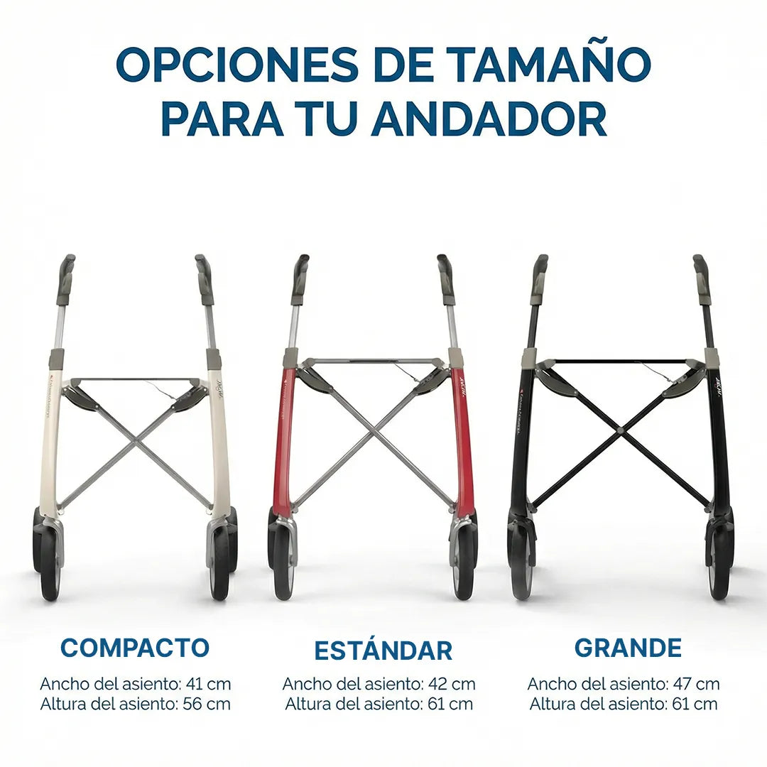 Montaje que muestra los 3 tamaños disponibles del andador para adultos alta calidad carbon ultralight byacre dortomedical