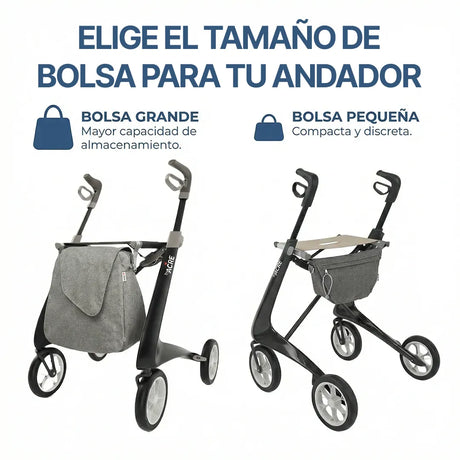 infografía del andador con bolsa de almacenamiento gratis y asiento para que el cliente elija entre las 2 opciones dortomedical