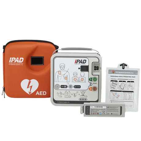 Pack completo del desfibrilador automático iPAD CU-SPR que incluye el equipo DEA, batería de larga duración, parches universales y funda de transporte robusta dortomedical