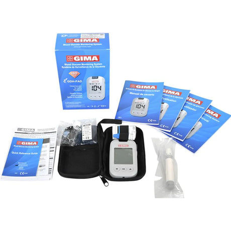 Caja original del sistema de monitorización de glucosa Acon, diseñado para autodiagnóstico y uso profesional sanitario dortomedical
