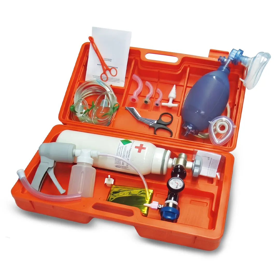 Maletín de oxigenoterapia con aspirador manual y tubos de succión para infantil y adulto dortomedical