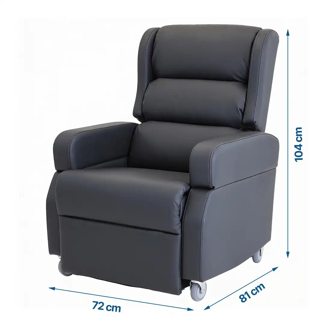 Infografía con las dimensiones del sillón (104x72x81 cm) y tamaño de asiento (53x51 cm) para asegurar su adaptación al usuario y al espacio dortomedical