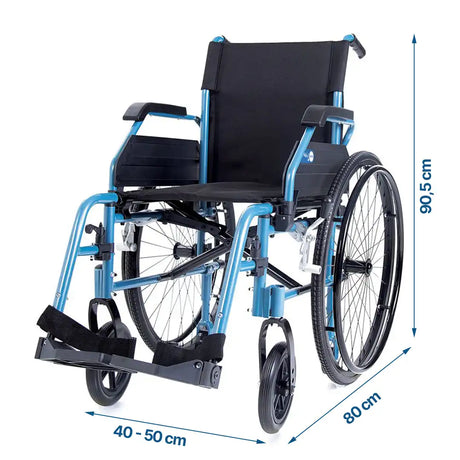 Esquema técnico con las dimensiones clave de la silla autopropulsable, como la altura, ancho y profundidad dortomedical