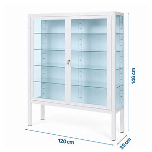 Infografía técnica con las cotas de la vitrina médica grande (120 cm de ancho, 35 cm de fondo y 146 cm de alto) para el aprovechamiento óptimo de paredes en salas clínicas dortomedical