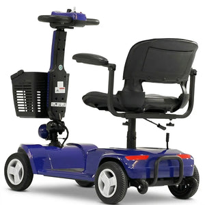 Vista trasera de un scooter eléctrico de movilidad de cuatro ruedas en color azul, con asiento de cuero negro acolchado, reposabrazos, cesta delantera negra, manillar delta y luces traseras rojas dortomedical