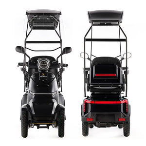 Moto eléctrica con techo y amplio visor delantero que garantiza una visibilidad clara de Dortomedical