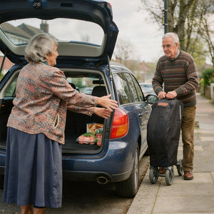 Mujer ayudando a cargar funda de transporte para andadores de adultos dortomedical