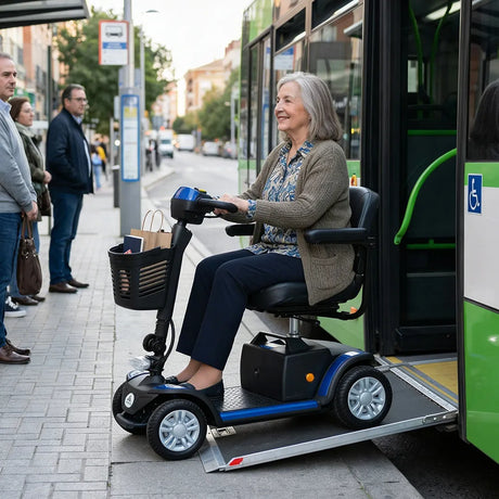 Mujer bajando de bus usando el Scooter eléctrico de 300W de potencia para una conducción suave y estable en el día a día dortomedical