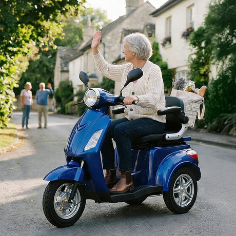 Mujer saludando a sus vecinos montada en la scooter potente con cesta incluida dortomedical