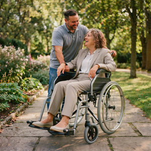 Pareja usando Silla de ruedas ligera plegable que reduce su ancho a 28 cm para guardarla con facilidad de Dortomedical.