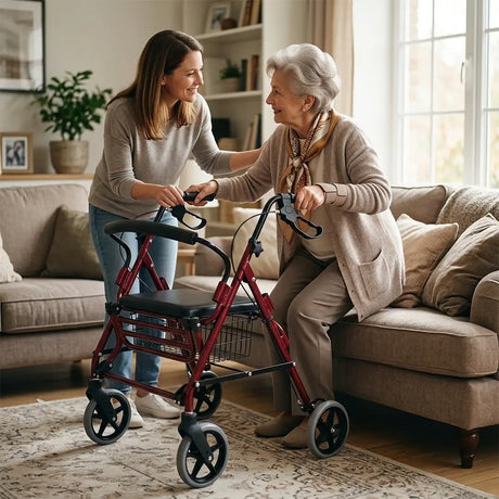 Persona utilizando el andador convertible en silla de transferencia con respaldo ajustable según el uso del producto dortomedical
