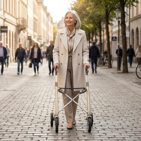 Imagen de señora elegante usando por la calle el andador para personas mayores premium con freno de maneta disponible en 3 tamaños dortomedical