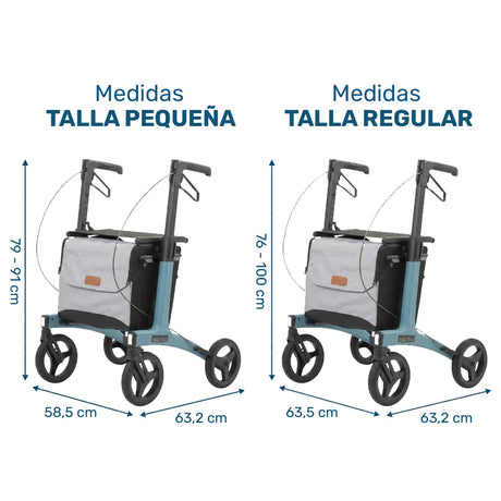 Medidas del Rollator ajustable disponible en tallas Pequeña y Regular para adaptarse a la estatura del usuario de Dortomedical.