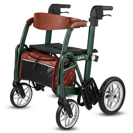 Andador rollator GLIDE en color verde elegante con bolso a juego incluido para llevar pertenencias dortomedical