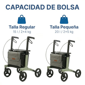 Capacidad de las bolsas del rollator con dos bolsas integradas y capacidad de 10 kg para transportar compras y objetos de Dortomedical.