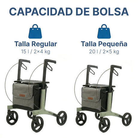 Capacidad de las bolsas del rollator con dos bolsas integradas y capacidad de 10 kg para transportar compras y objetos de Dortomedical.