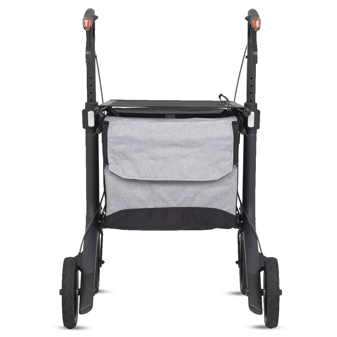 Vista trasera del rollator plegable con neumáticos blandos de E-TPE que absorben irregularidades y vibraciones de Dortomedical