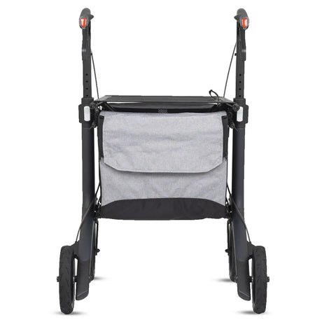Vista trasera del rollator plegable con neumáticos blandos de E-TPE que absorben irregularidades y vibraciones de Dortomedical