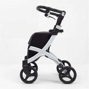 Vista lateral del andador Rollz Flex con altura ajustable para mayor confort en personas de menor estatura dortomedical