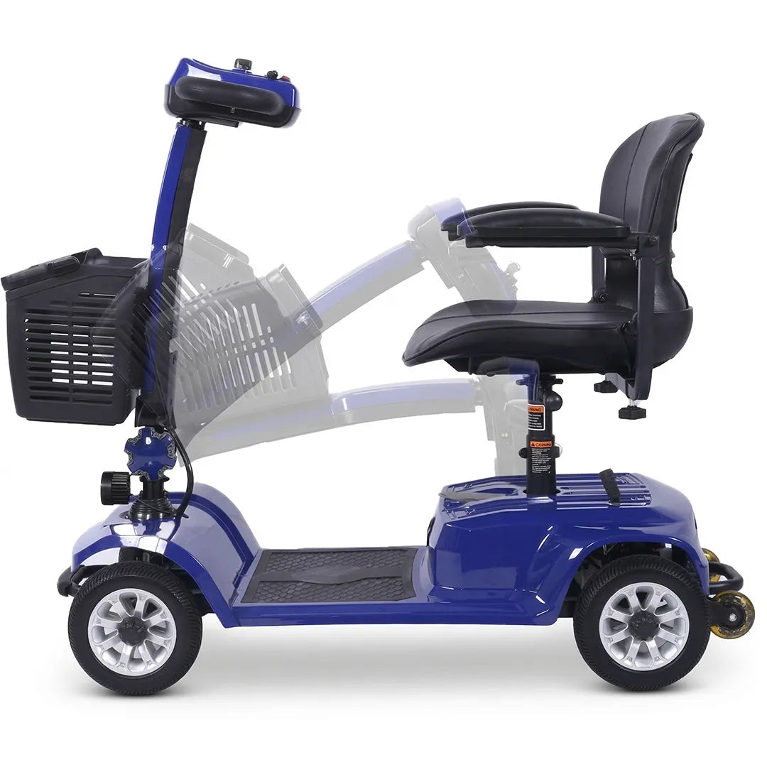 Detalle del plegado del mástil del scooter 4 ruedas azul para facilitar el plegado y transportarlo fácilmente dortomedical