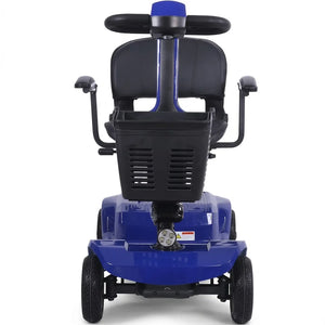 Vista frontal de scooter azul de dimensiones compactas (105x50x90cm) diseñado para circular por ascensores y domicilios dortomedical