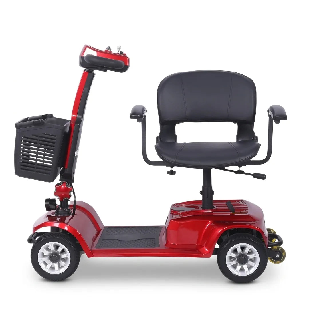Perfil de scooter eléctrico rojo mostrando el sistema de ajuste de altura del asiento y el reposabrazos regulable en anchura dortomedical