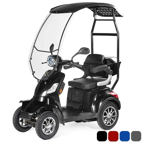 Scooter eléctrico de 4 ruedas para movilidad reducida con cabina protectora contra lluvia y sol, motor de 1000W dortomedical