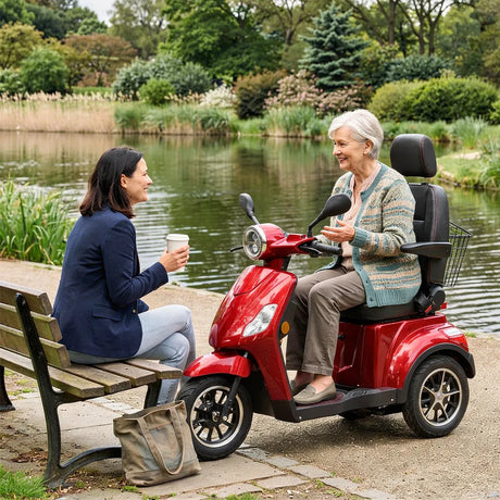 Scooter eléctrico con bloqueo de volante y freno de mano para máxima seguridad en parado de Dortomedical