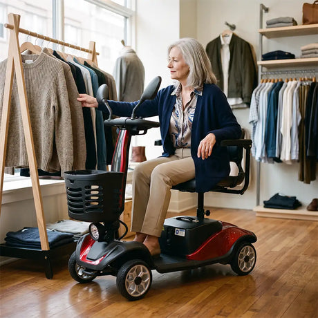 Usuaria comprando ropa con el scooter eléctrico que soporta una carga de hasta 136 kg ofreciendo resistencia y estabilidad dortomedical