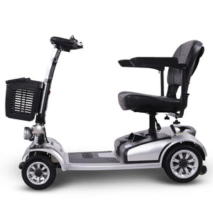 Vista lateral izquierdo del scooter eléctrico compacto de dimensiones reducidas perfecto para maniobrar en espacios estrechos y ascensores dortomedical