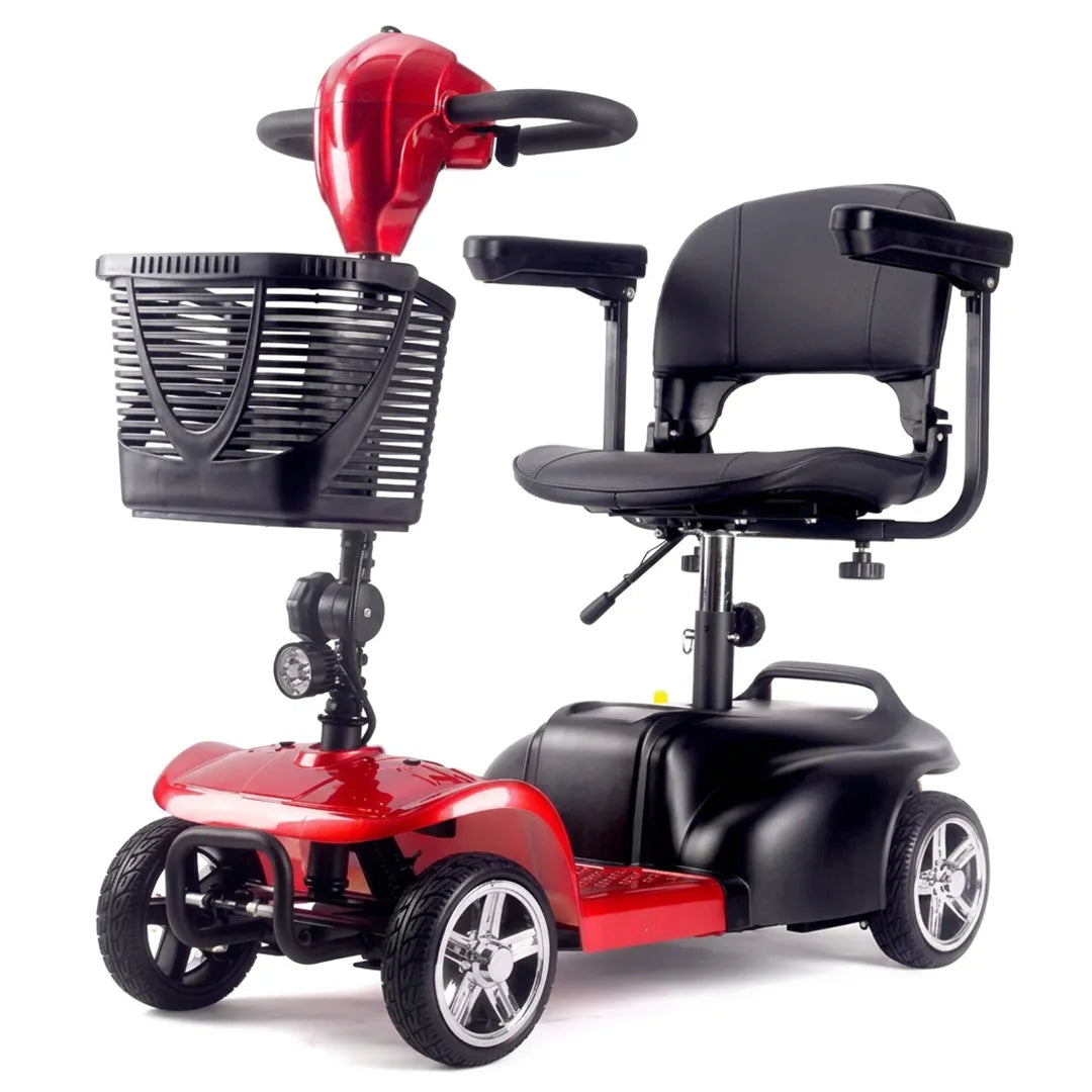 Vista frontal inclinada del scooter de mayores desmontable y plegable para reducir su volumen y transportarlo y guardarlo de forma óptima y cómoda dortomedical