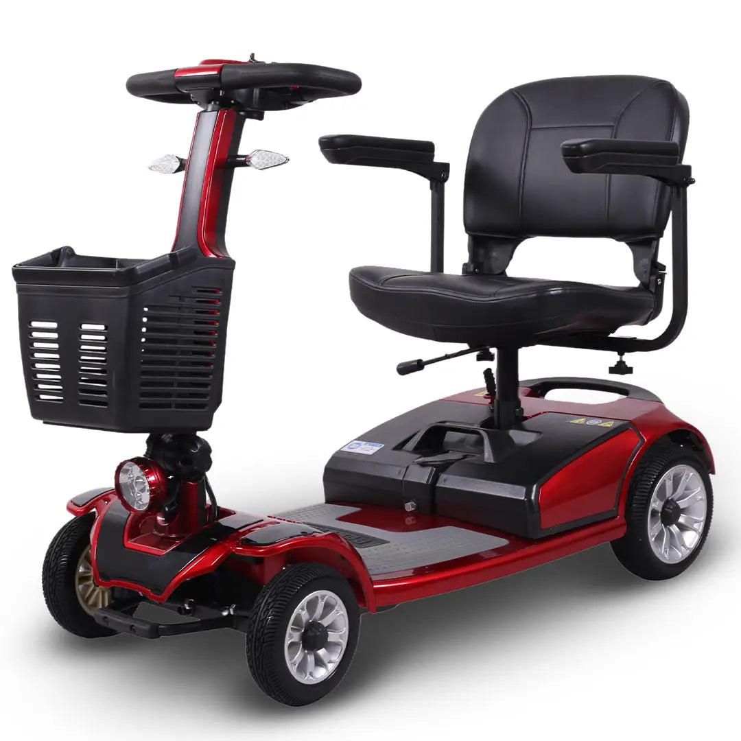 Scooter eléctrico rojo para discapacitados con palancas de control de precisión que permiten un manejo seguro incluso con una sola mano dortomedical