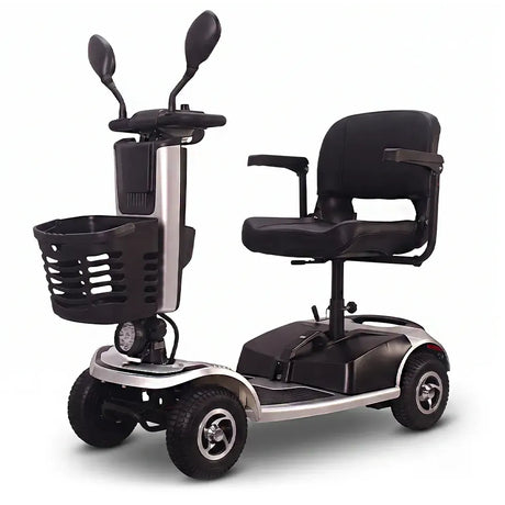 Modelo plata del scooter eléctrico con iluminación LED delantera para aumentar la visibilidad en entornos con poca luz dortomedical