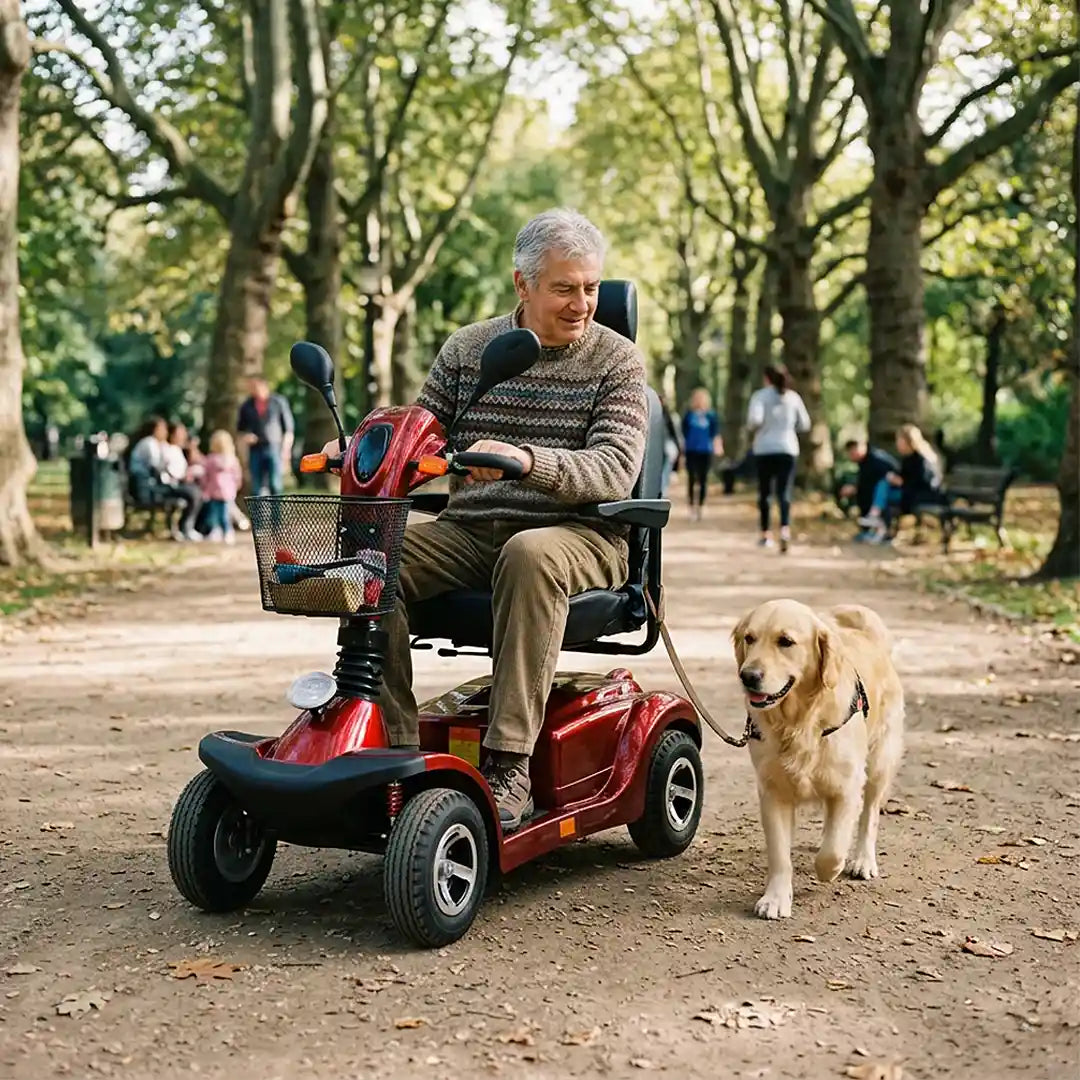 Usuario paseando a su mascota por el parque utilizando el scooter eléctrico de movilidad con intermitentes LED para aumentar la seguridad en los desplazamientos dortomedical