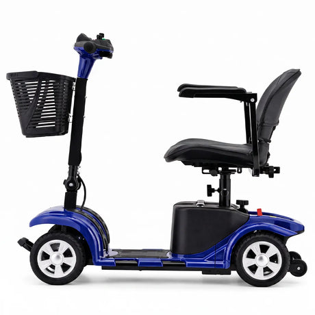 Vista lateral del scooter eléctrico de movilidad reducida Lucas Pro con iluminación LED delantera para mayor visibilidad dortomedical