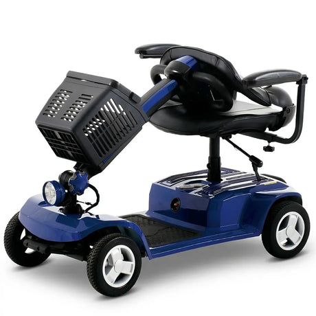 Scooter de movilidad azul con el mástil del manillar y el panel de control plegados para reducir volumen y facilitar el transporte dortomedical
