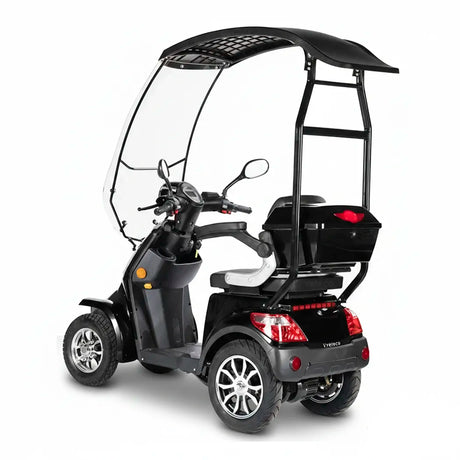 Vista posterior del scooter negro con baúl de almacenaje amplio y luces de emergencia traseras dortomeedical