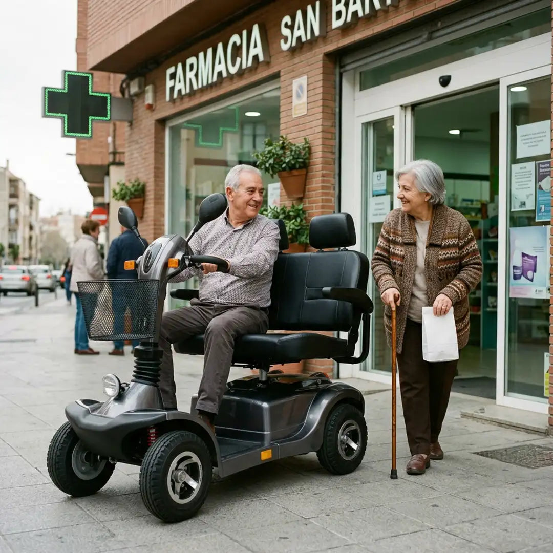 Persona recogiendo a su pareja de la farmacia con el scooter eléctrico para 2 personas 700W con asientos acolchados para viajes confortables de personas mayores dortomedical