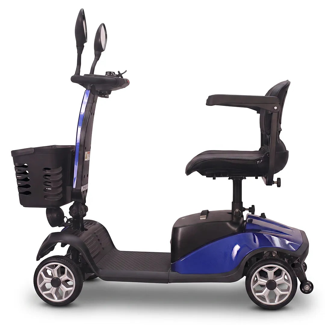 Vista lateral del scooter eléctrico con mástil plegable sin necesidad de herramientas para facilitar su transporte dortomedical