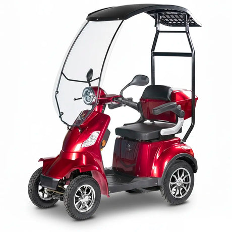 Moto eléctrica roja para movilidad reducida con cubierta para días lluviosos y motor de alta potencia dortomedical