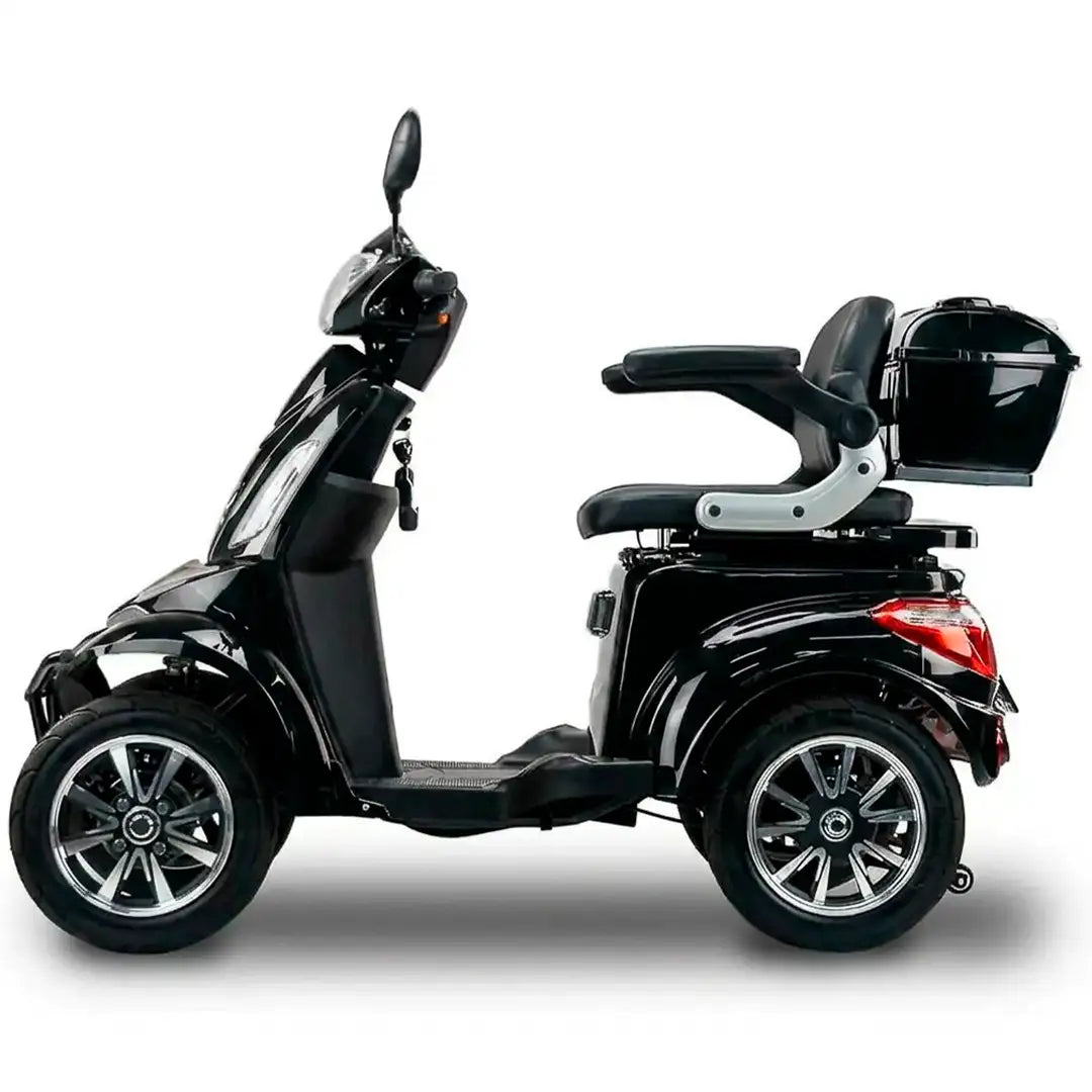 Vista lateral del scooter eléctrico con suspensión hidráulica que absorve las irregularidades en el terreno dortomedical