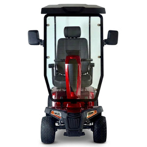 Vista frontal del scooter eléctrico todoterreno con cesta portaobjetos para transportar pertenencias cómodamente dortomedical