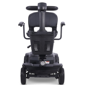 Plano frontal de scooter de movilidad negro mostrando los reposabrazos abatibles y regulables en anchura que ofrecen un mayor confort dortomedical