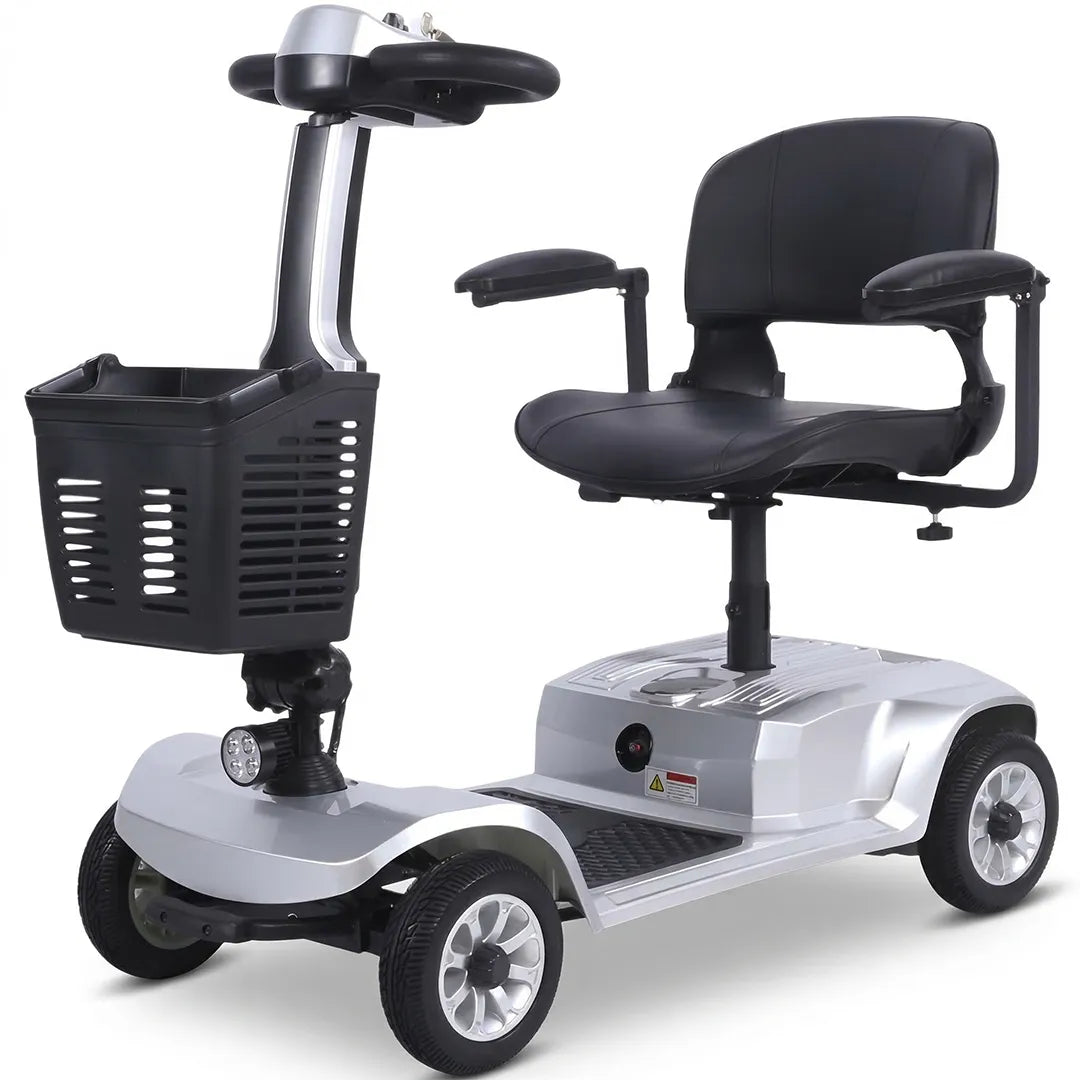 Scooter eléctrico de 4 ruedas plata con sistema de frenado electromagnético E-ABS para mayor seguridad en uso urbano dortomedical
