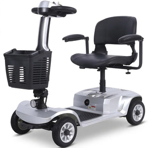 Scooter eléctrico de 4 ruedas plata con sistema de frenado electromagnético E-ABS para mayor seguridad en uso urbano dortomedical